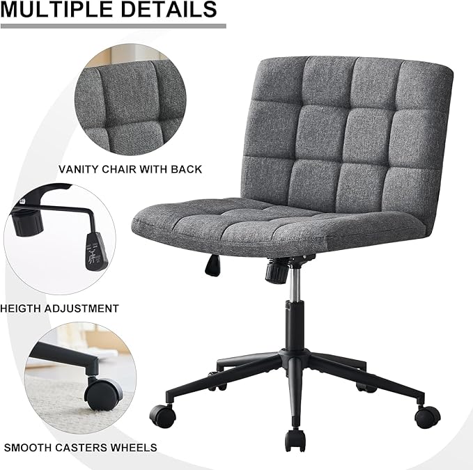 Furnimart Criss Cross Desk Char Wide Seat with Wheels, 360° Swivel Cross Legged Desk Chair Thick Cushion, Comfy Armless Home Office Chair for Bedroom, Vanity, Sturdy (Linen Gray)