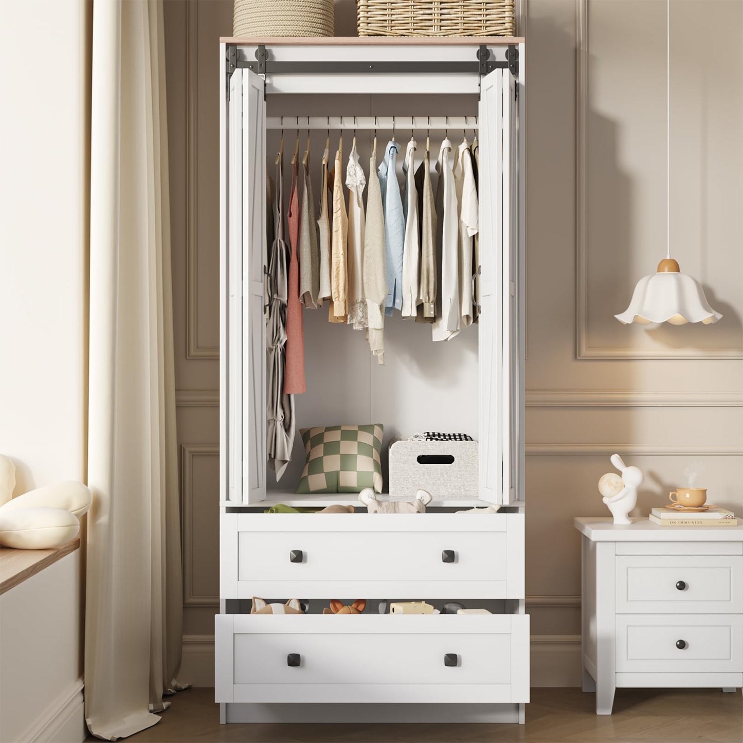 Maupvit Farmhouse Armoire with 2 Folding Sliding Barn Doors and Drawers 70.9" Tall Wooden Bedroom Wardrobe Closet with Spacious Storage Cabinet with Hanging Rod for Bedroom, White