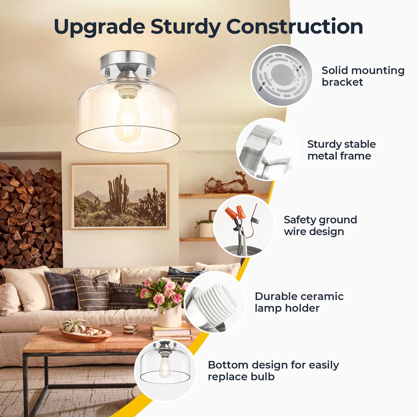 LACCEN Semi Flush Mount Ceiling Light Silver, Clear Glass Pendant Lamp Shade, Modern Farmhouse Light Fixture for Hallway Corridor Kitchen Entryway Bedroom, Bulb Not Included