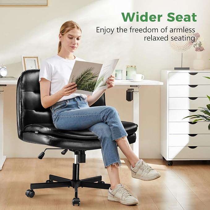 GTRACING Criss Cross Legged Office Chair with Wheels, Extra Wide Armless Comfy Desk Chair for Home Bedroom, 2 Layer Cushion Large Seat & Back Support X-Legged Chair, Black PU Leather Adjustable Height