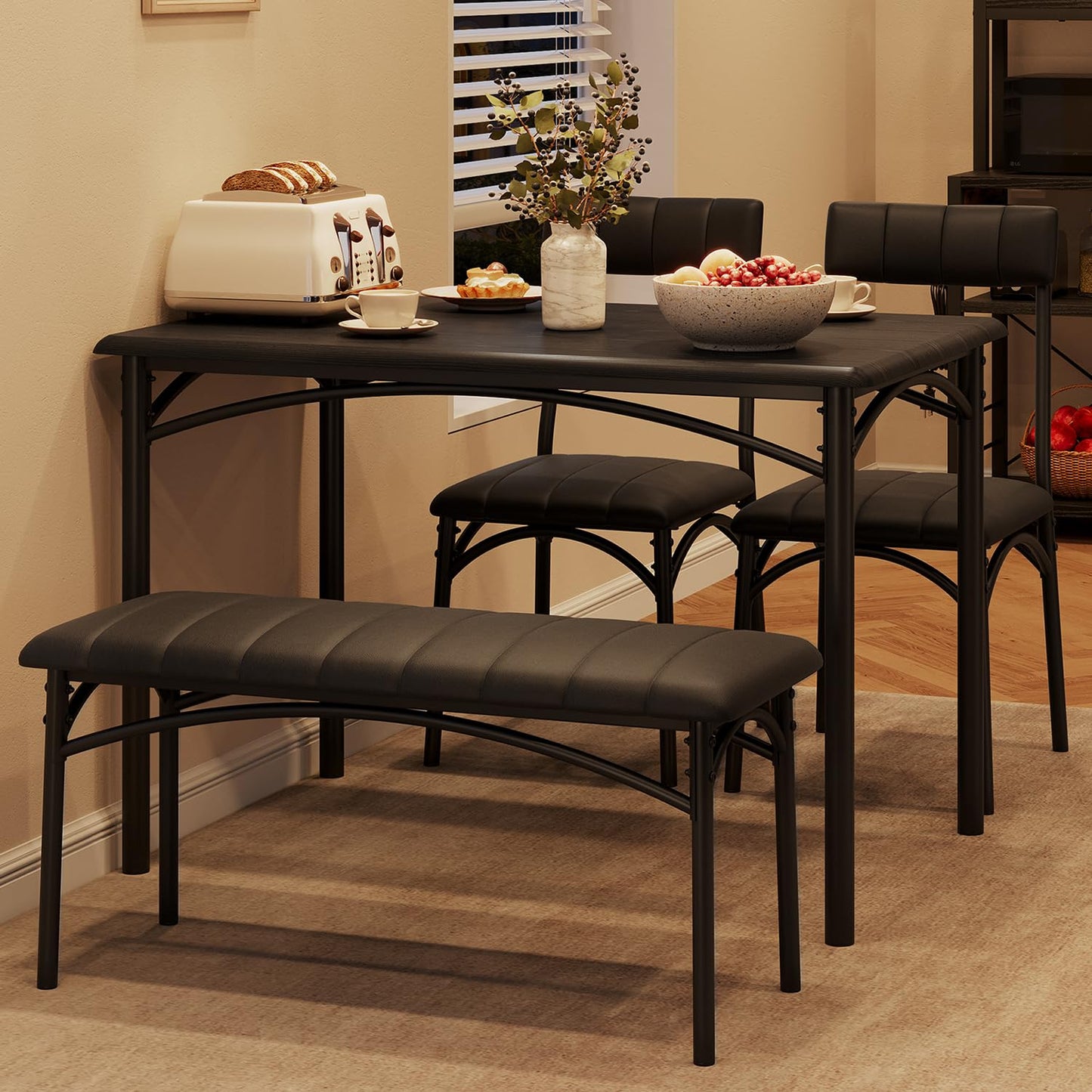 SLEKVERSA Dining Table Set for 4, Small Dining Table Set with Upholstered Bench and 2 Chairs, Kitchen Table and Chairs for 4, for Small Space, Apartment, Dinner, Rustic Black