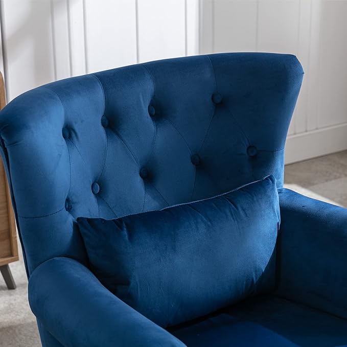 chairus Mid-Century Modern Accent Chair with Ottoman, Comfy Velvet Single Sofa Chair Button Tufted Wingback Armchair with Pillow for Living Room/Bedroom/Club - Blue