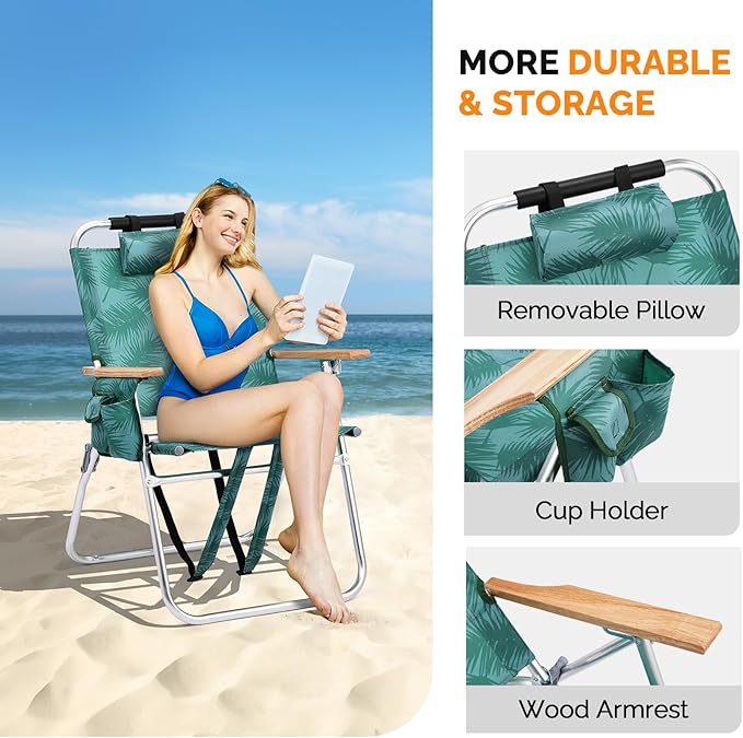 VINGLI Aluminum 17" Backpack Beach Chair – Tall Beach Chairs for Adults, Portable with Adjustable Straps, 3-Position Reclining, Cup Holder, High Lightweight Beach Chairs for Beach