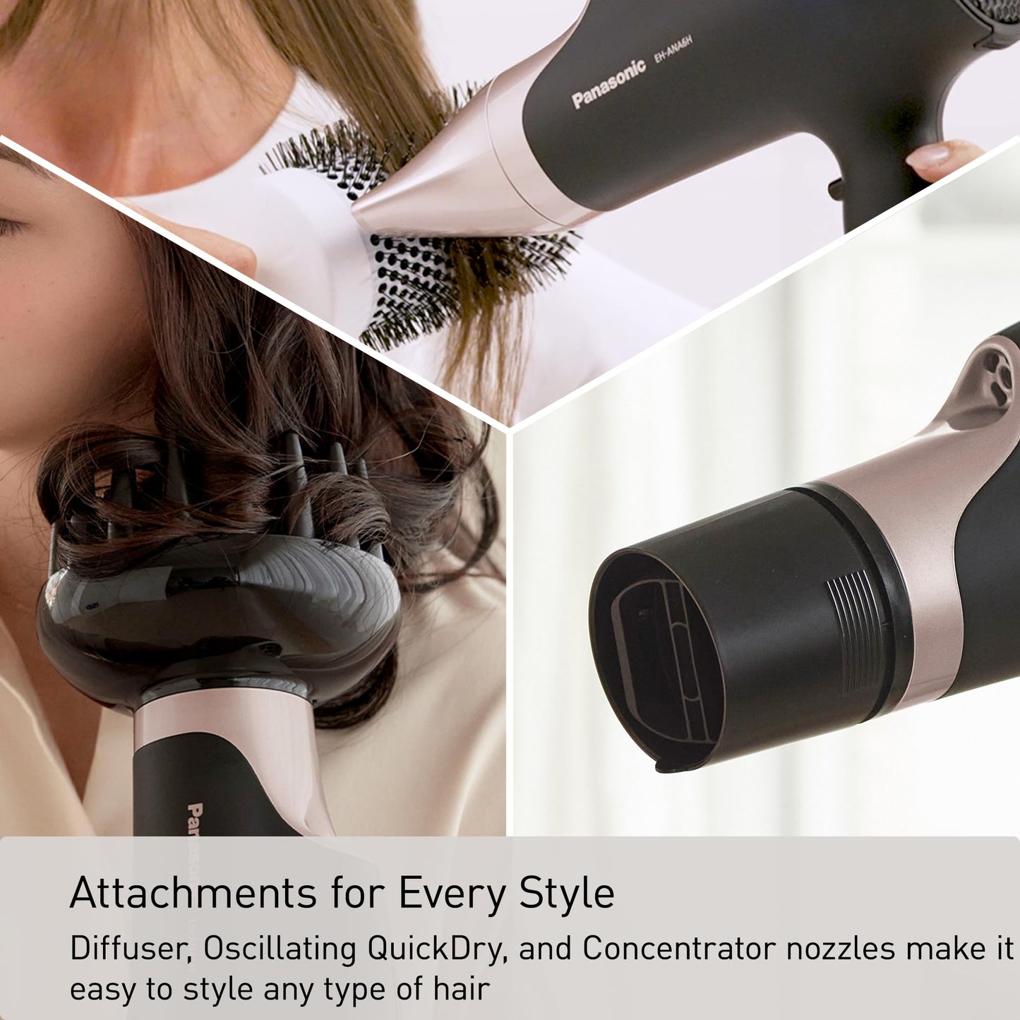 Panasonic Nanoe Salon Hair Dryer with Quick-Dry Oscillating Nozzle, Diffuser Attachment for Curly, Wavy Hair, 3-Speed Heat Setti