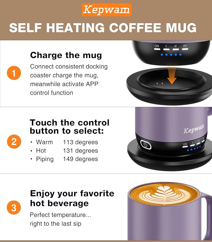 Kepwam Self Heating Coffee Mug T1-16oz Fast Heating & Ultra Long-Lasting Battery Life, Heated Coffee Mug Up to 149℉ - Touch & App Controlled Coffee Mug, Birthday Gifts for Women and Men