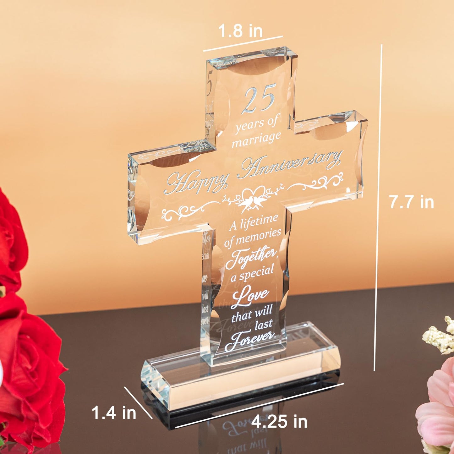 GIRVEM 25th Wedding Anniversary Glass Cross Gifts for Couple, Wedding Anniversary Keepsake for Him Her, Laser Engraved Glass Standing Cross Decoration