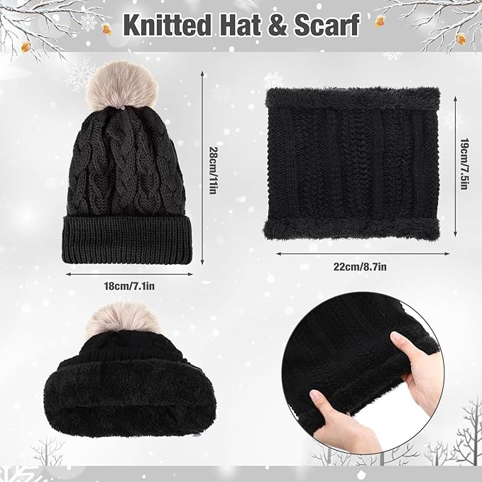 SATINIOR 5 Pcs Winter Hat Scarf Gloves Set Fleece Warm Lined Knit Beanie Hat Touch Screen Earmuff Gloves Warmer for Women(Black,Vivid Style)