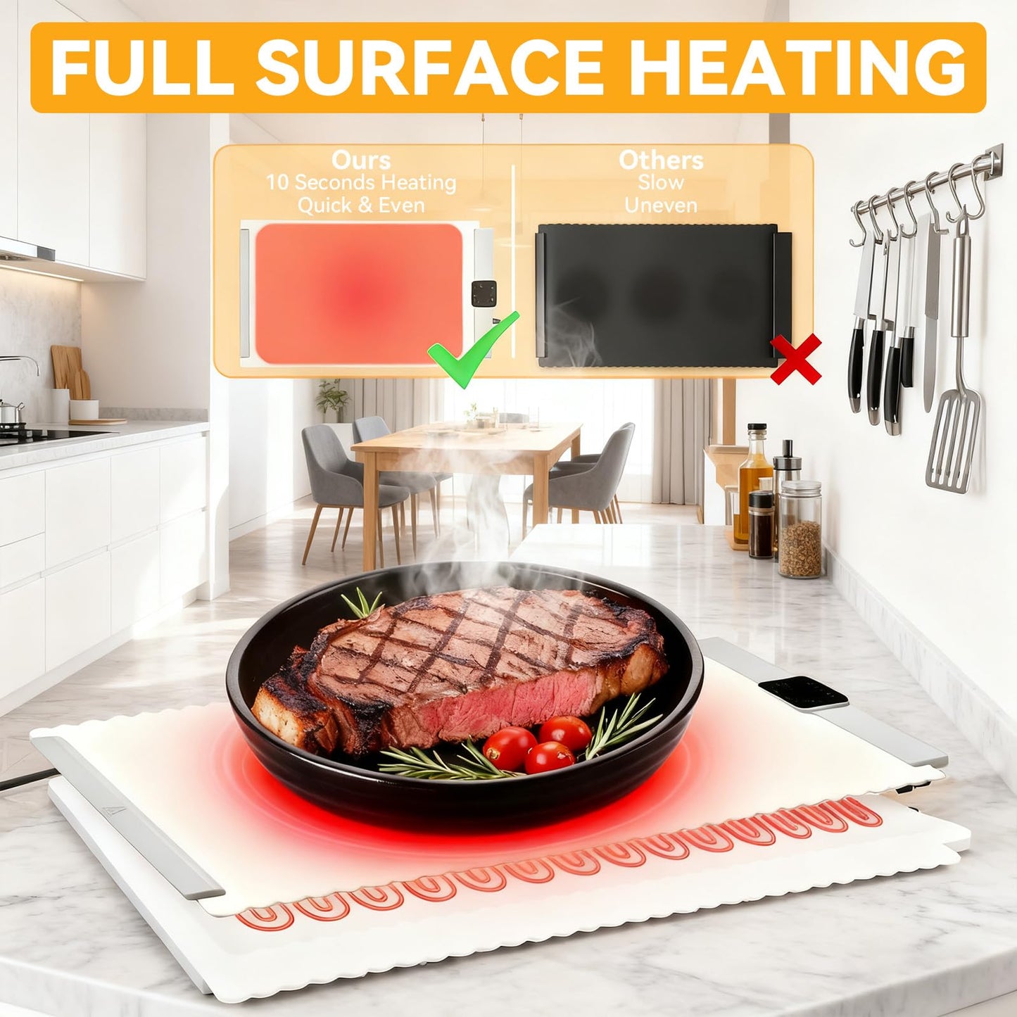 Food Warming Mat - Fast Heating Silicone Electric Warming Tray, Adjustable Silicone Heating Pad with 3 Temperature Settings 4 Timer Function Portable Roll Up Hot Plate