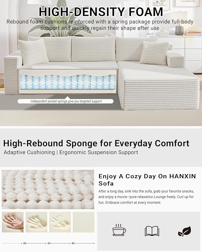 105 Inch Modular Sectional Sofa,Modern Cloud Sectional Couch with Deep Seat,Corduroy Boneless Couches with L-Shape Chaise for Living Room Bedroom,No Assembly Required (White, Right Facing Chaise)
