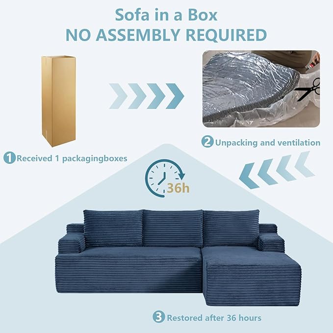 96" Cloud Sectional Couch with L-Shape Chaise, Modern Corduroy Boneless Couch for Living Room,Memory Foam Sofa with Deep Seat,No Assembly Required (Blue,Right-Facing Chaise)