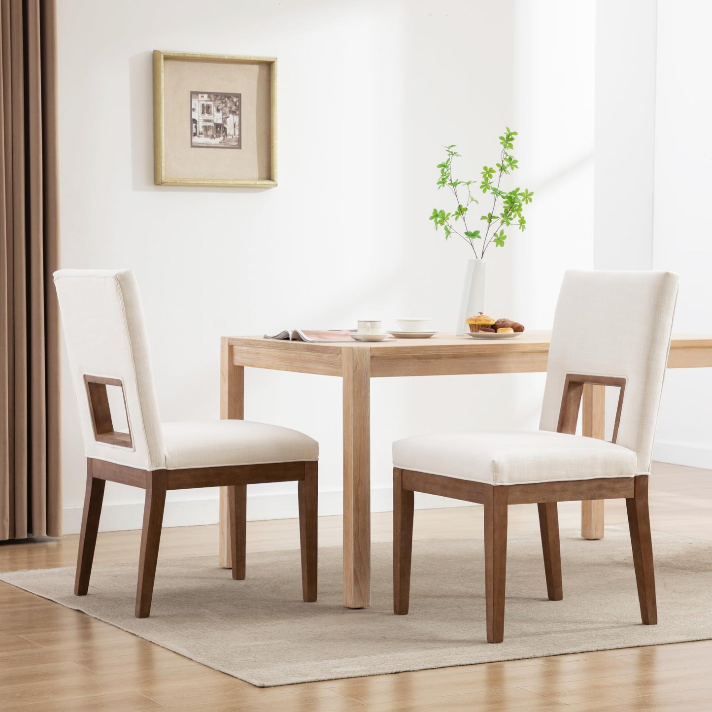 LZAREAL Modern Farmhouse Dining Chairs with Open Back Set of 4 Upholstered Linen Wood Dining Room Chair with Back Wooden Chairs for Restaurant Dining Room Kitchen, White