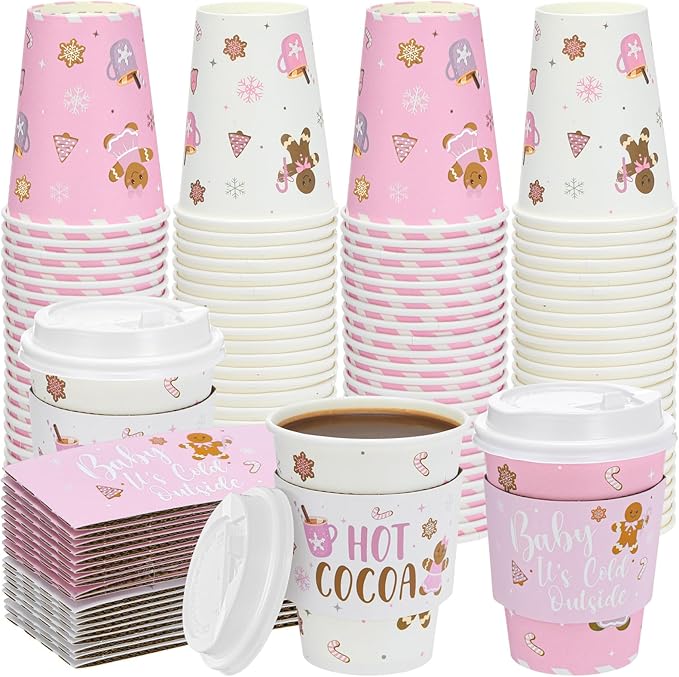 FoldTier 80 Packs Hot Chocolate Cups Bulk Hot Cocoa Bar Supplies Christmas Disposable Coffee Cups with Lids Sleeves 14 oz ...
