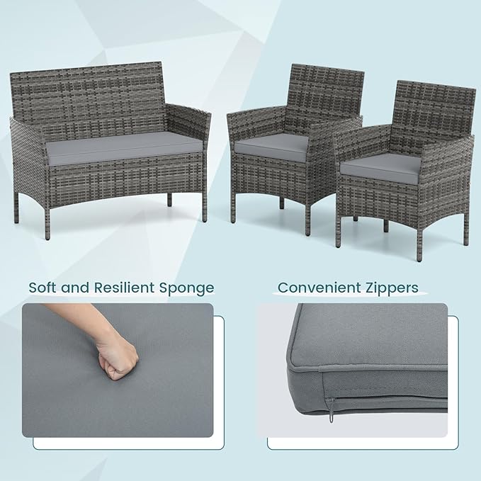 RELAX4LIFE 8-Piece Patio Furniture Set - Rattan Outdoor Conversation Bistro Set w/Cushions, Glass Coffee Table, Wicker Chairs & Loveseat for Garden Backyard Porch, Balcony Furniture Set (2, Mix Grey)