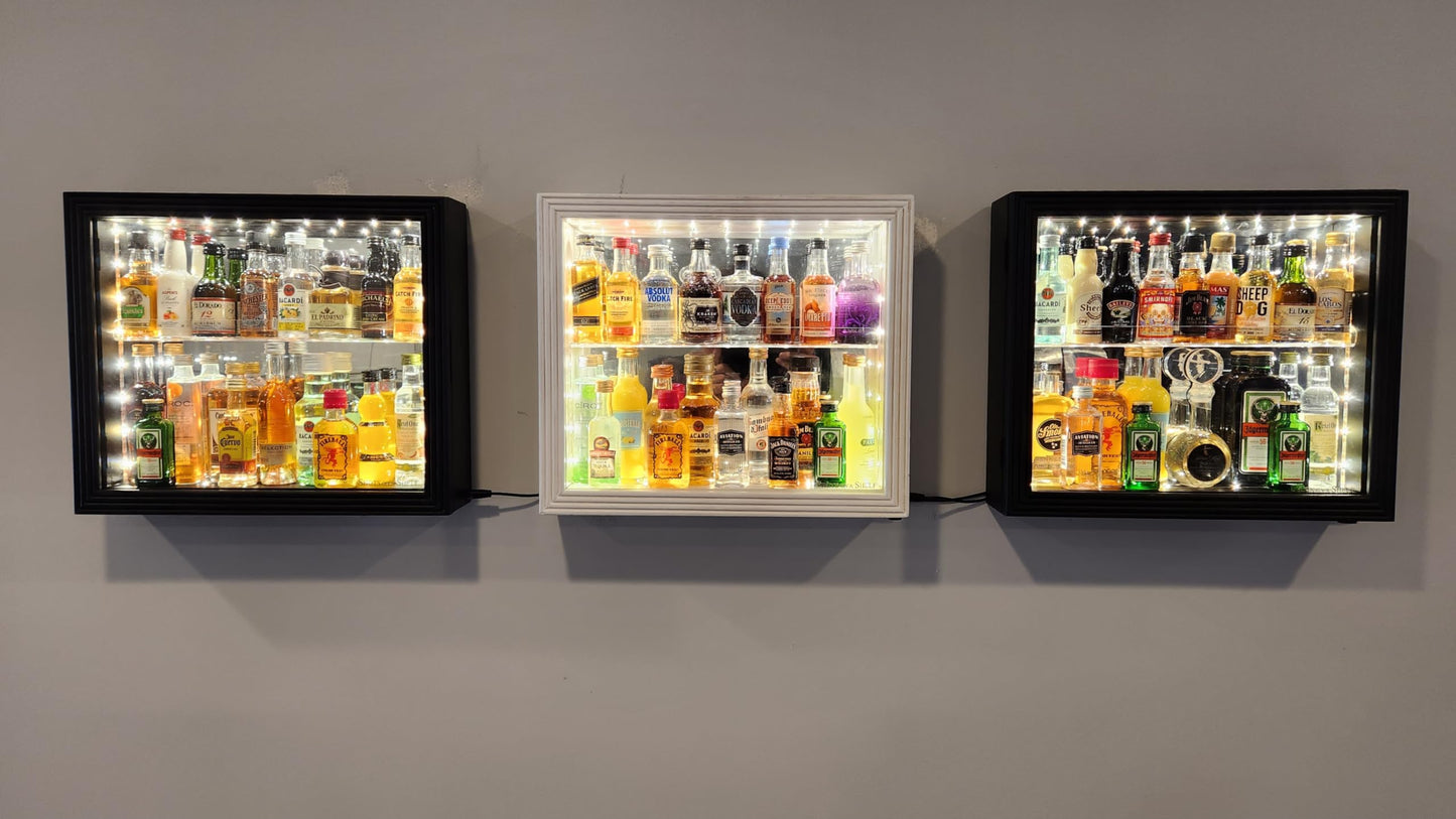 Shots On A Shelf - The One & Only Miniature Liquor Bottle Cabinet. Led Lighting, Hinged Glass Door! Guests Will Love This Showcase! - White/Mirror
