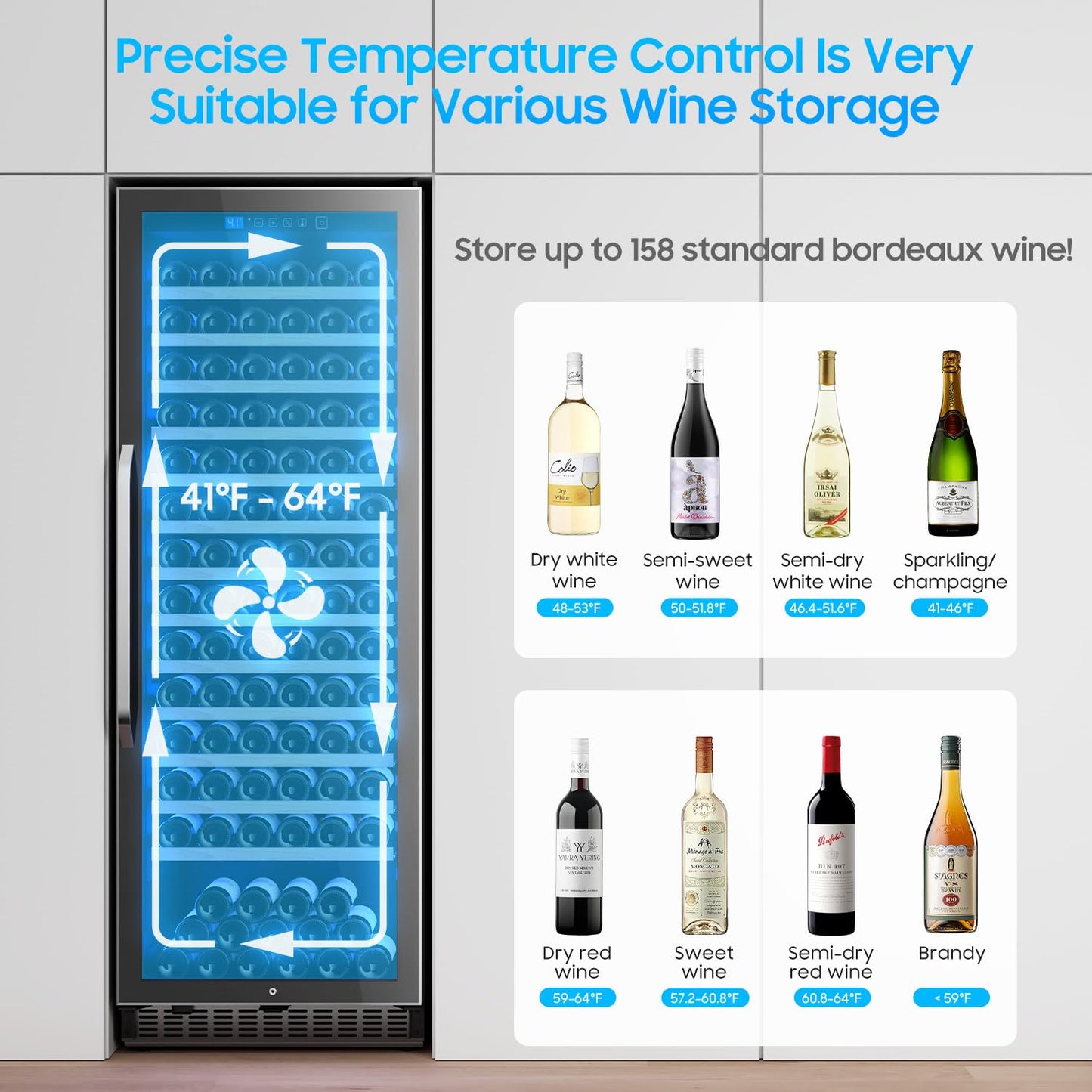 158 Bottles Wine Cooler Refrigerator, 24 Inch Built-in/Freestanding Wine Fridge with Upgraded Compressor, Fast Cooling, Intelligent Temperature Memory, Low Noise, 41℉-64℉ Large Capacity Wine Cooler