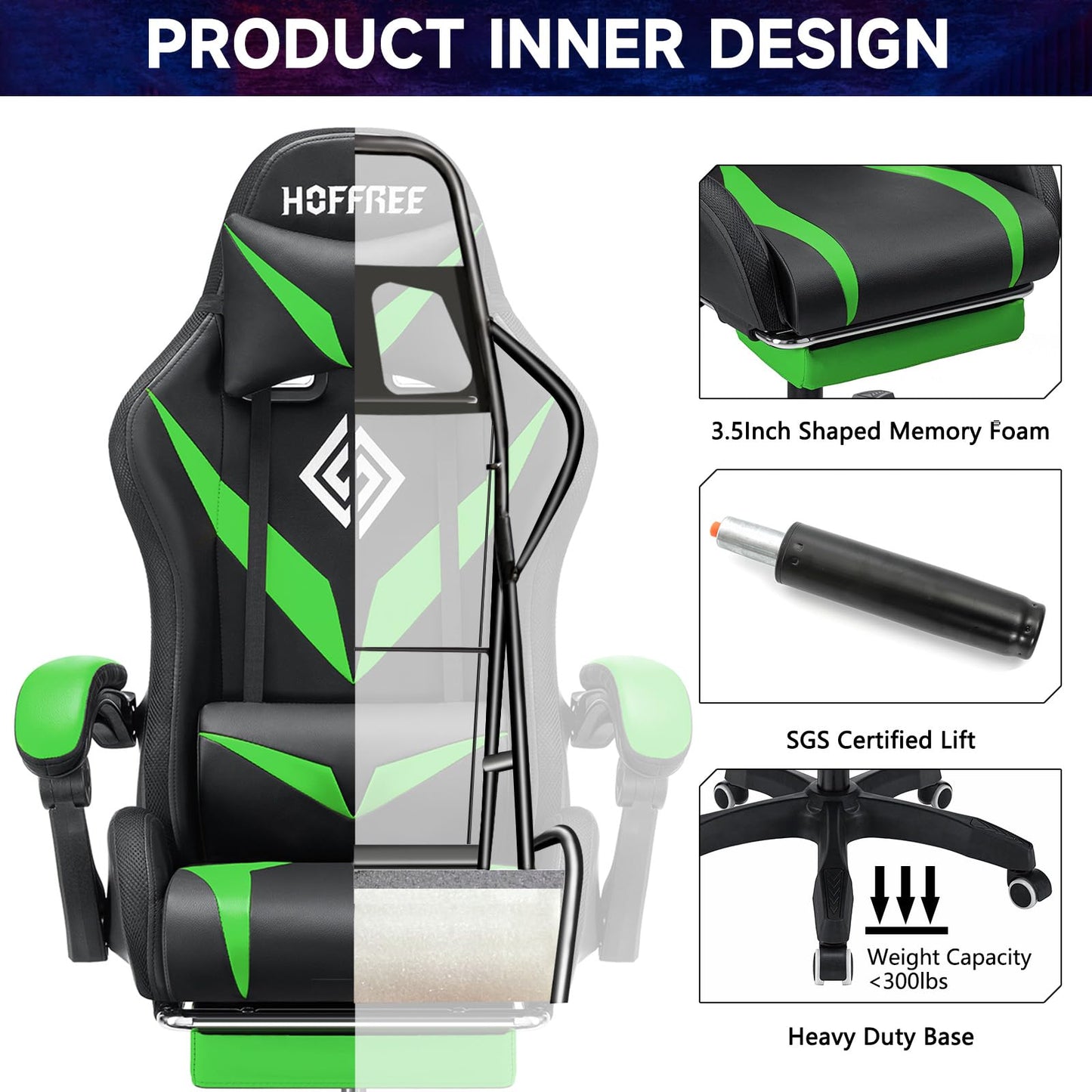 RGB Gaming Chair with LED Lights and Massage Ergonomic Computer Chair with Footrest High Back Video Game Chair with Adjustable Lumbar Support Linkage Armrest Green and Black