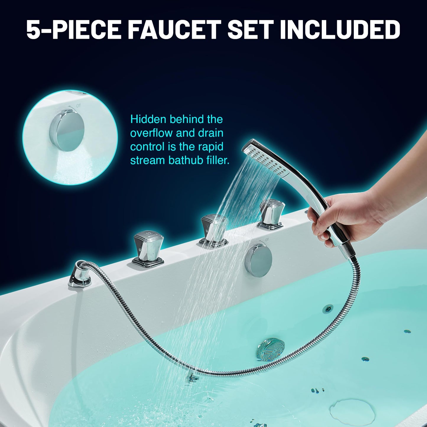 ANZZI Stone Bell 67" x 32" Freestanding Bathtub, Center Drain | Flat Bottom Tub with Air and Whirlpool Massage Jets, Lights, 5-Piece Faucet, 92 Gallon Free Standing Tub - White and Chrome
