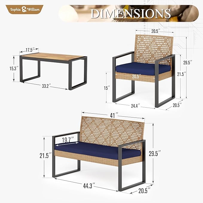 Sophia & William 4 Pieces Patio Conversation Set, Wicker Outdoor Furniture Set for 4, All Weather Outdoor Seating Set, Rattan Loveseat & Chairs with Cushions & Coffee Table, Yellow and Navy Blue