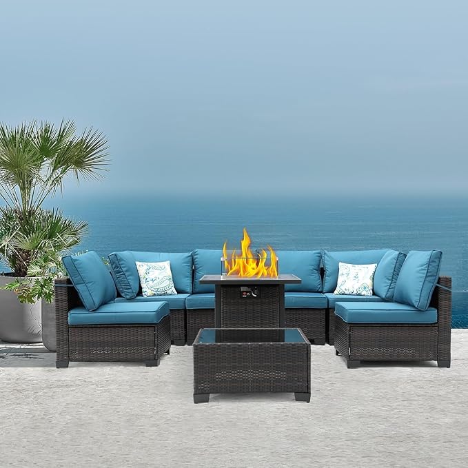 3D MATRIX 8 Pieces Patio Sets with 28" Gas Fire Pit Table Wicker Rattan Outdoor Furniture Set Conversation Set with Garden,Balcony,Pool, Deck (Brown & Peacock Blue, 8pcs Set)