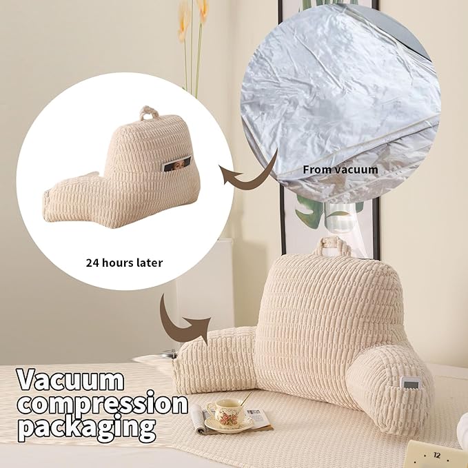 PAJEO Reading Pillow for Sitting in Bed, Large Backrest Reading Pillow with Arm Rest,Back-Rest Support Cushion for Sit Up on Couch, Sofa, and Floor, Dorm Essentials (Cream Corduroy, Large(19"))