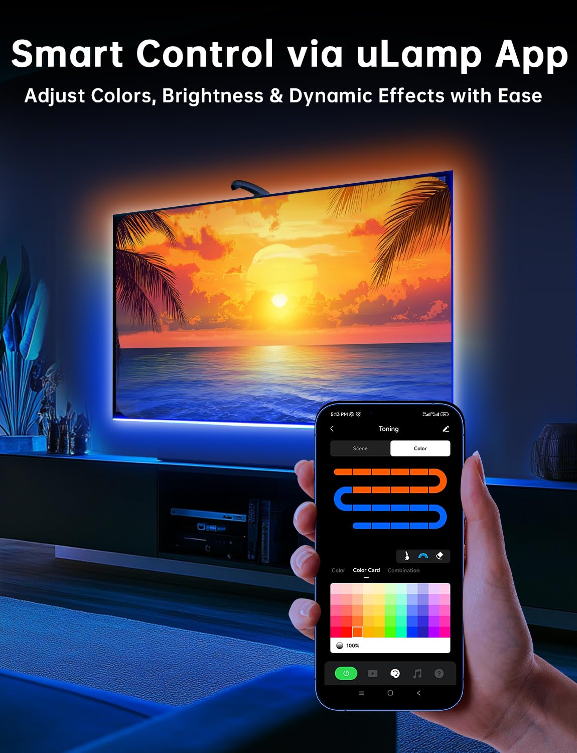 FFJ TV Lights That Change with Screen, 18ft Cuttable LED Backlight for 75-85 Inch Screen and PC Monitor, Backlight with Sensor, Smart App Control, Game & Music Sync Color Changing Lights