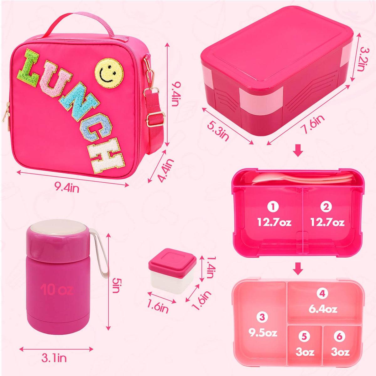 Bento Lunch Box Set for Kids with 10oz Thermo Food Jar, Leak-Proof Lunch Containers with 6 Compartment, Nylon Preppy Lunch Bag with Adjustable Strap for Girls School Travel Picnic