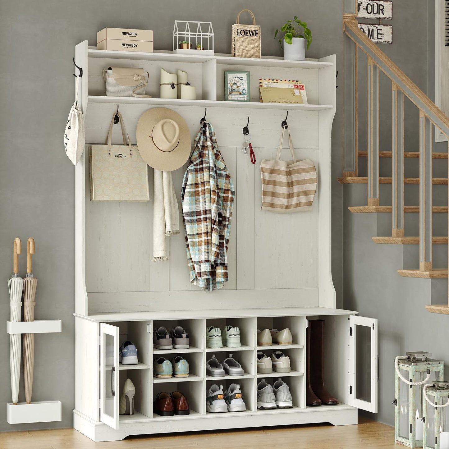 Furnihold 51.3'' Hall Tree, Off White Entryway Bench with Coat Rack, 10 Shoe Storage & 7 Coat Hooks & Adjustable Shelf, Glass Door Farmhouse Wooden Style Hall Tree with Shoe Storage Bench