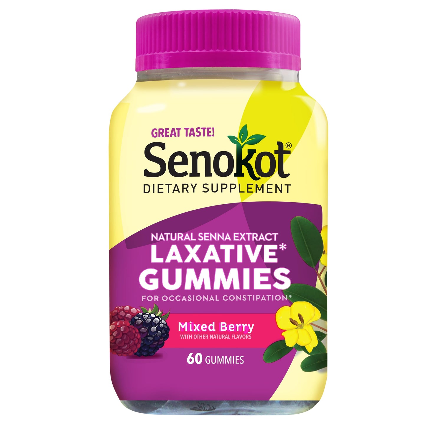 Senokot Laxative Gummies, Natural Senna Extract, Gentle, Overnight Relief from Occasional Constipation, Mixed Berry Flavor, 60 Count.