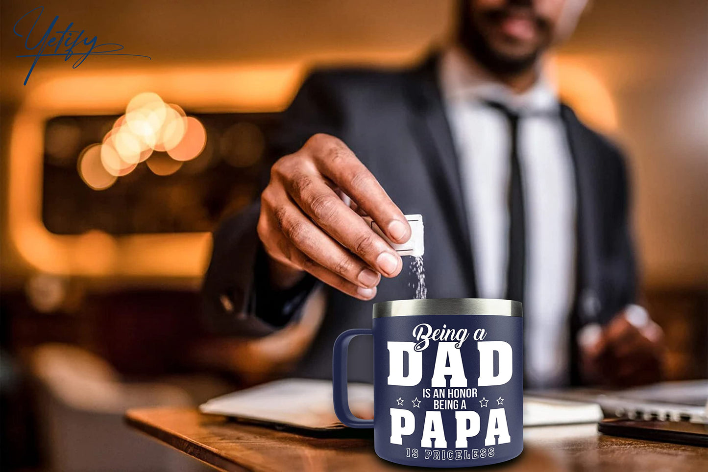 YETIFY Gifts for Papa, Dad from Daughter Son, Kids - Papa Mug for Christmas - Presents for Dad, Grandpa on Birthday - Insulated Stainless Steel Novelty Mug 14oz, Navy