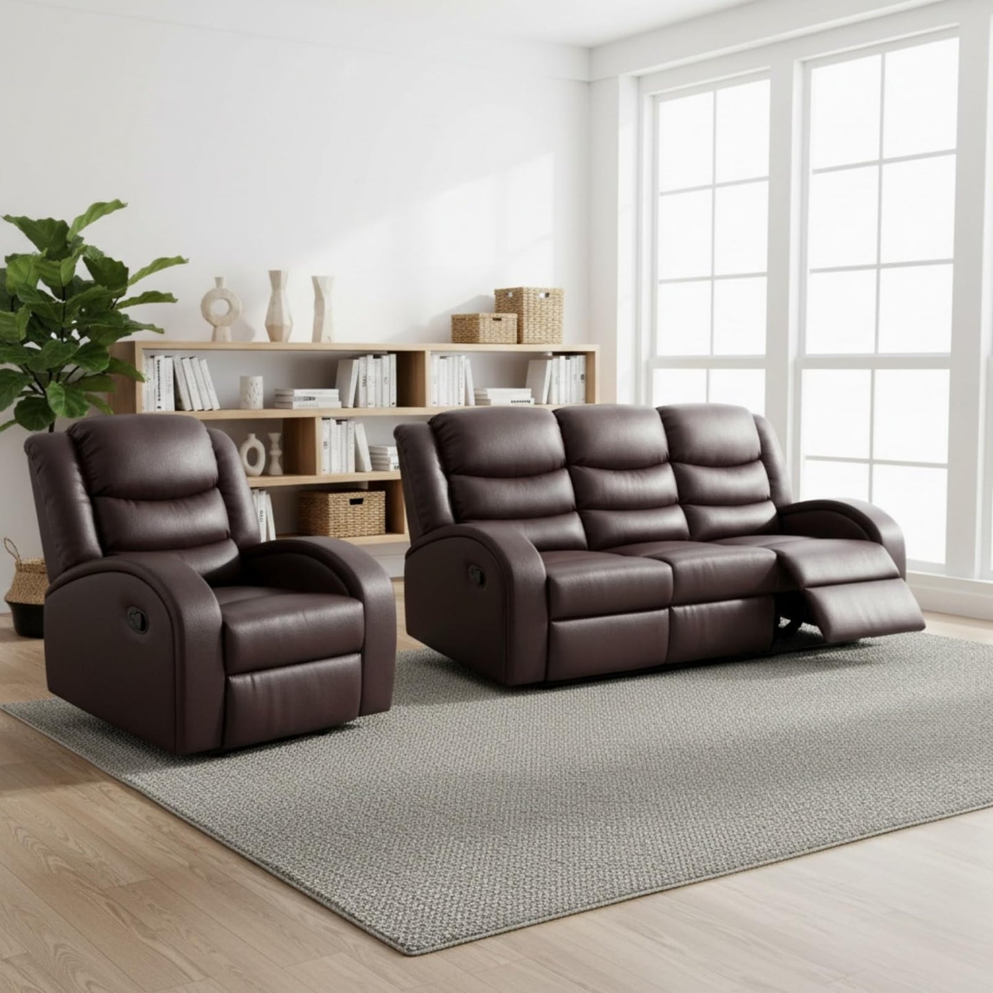 Trygoal Leather Recliner Sofa Set, Living Room Furniture Set, Adjustable Backrest Reclining 3-Seat Sofa & Manual Recliner Chair, Comfortable Reclining Seats for Home Theater, Apartment, Brown