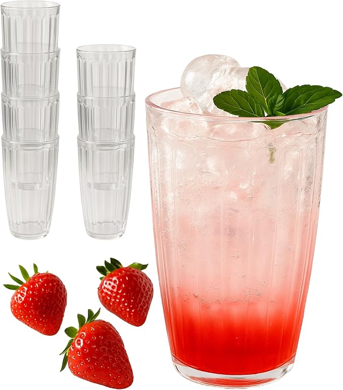 Kate Aspen Clear Ribbed Acrylic Glasses Drinkware Set of 8, 21 oz, Plastic Tumblers, Tumblers & Water Glasses, BPA-Free Pl...