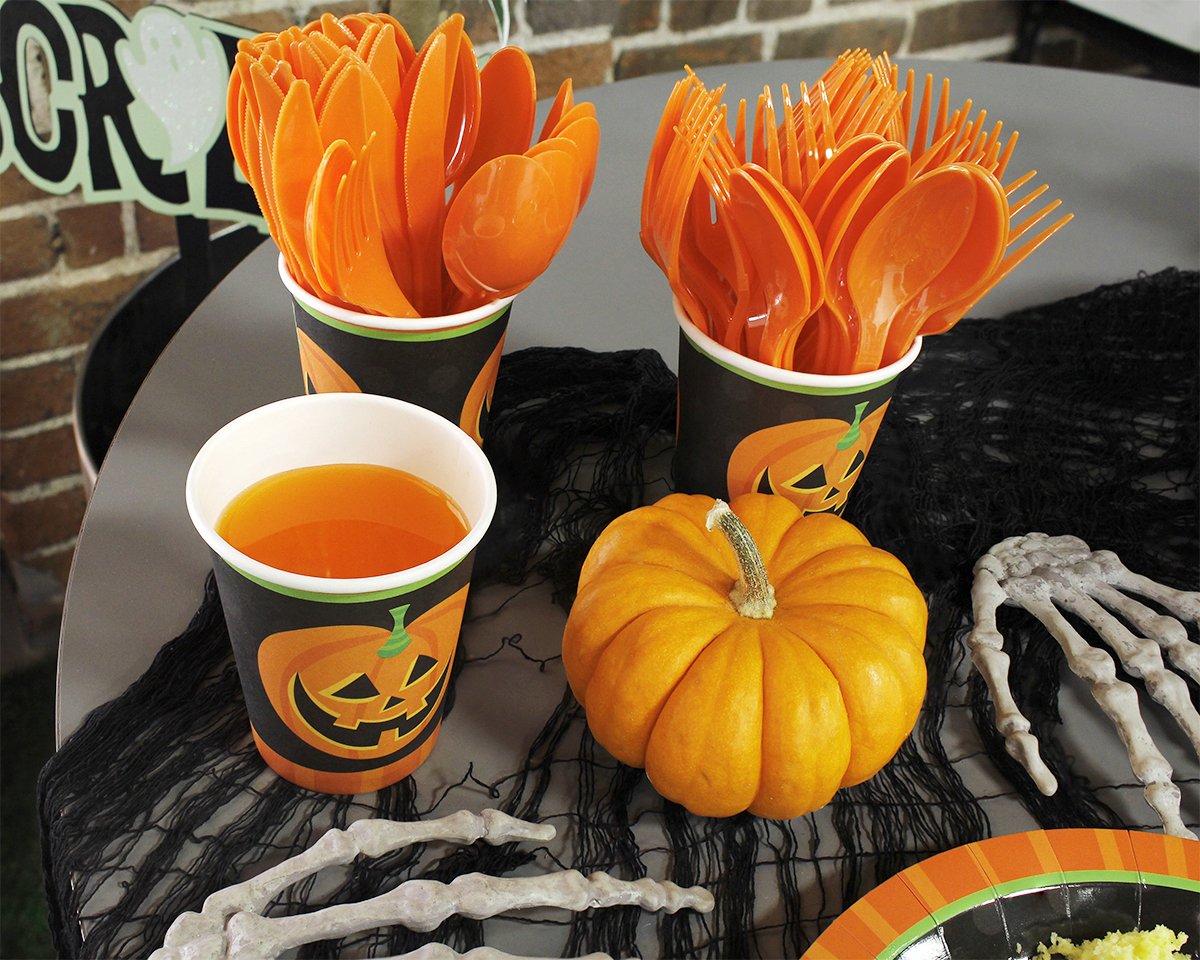 Juvale 144-Piece Halloween Plates and Napkins Party Supplies with Pumpkin Cups and Cutlery, Fun Themed Halloween Party Supplies Set for Celebrations with Friends and Family (Serves 24)