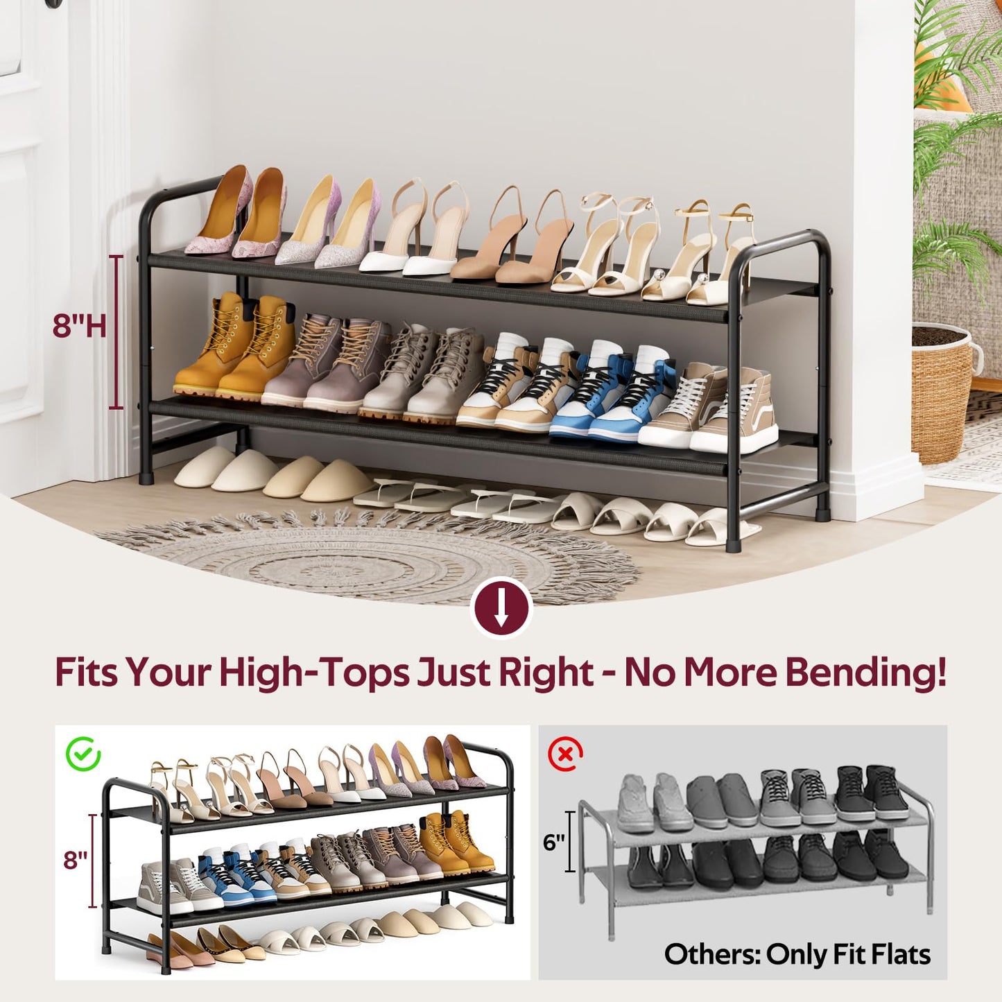 SLEEPING LAMB Long 2-Tier Shoe Organizer for Closet, Stackable Wide Shoe Rack Holds 18-Pairs Low Shoe Shelf Storage for Bedroom, Floor, Entryway(Black)