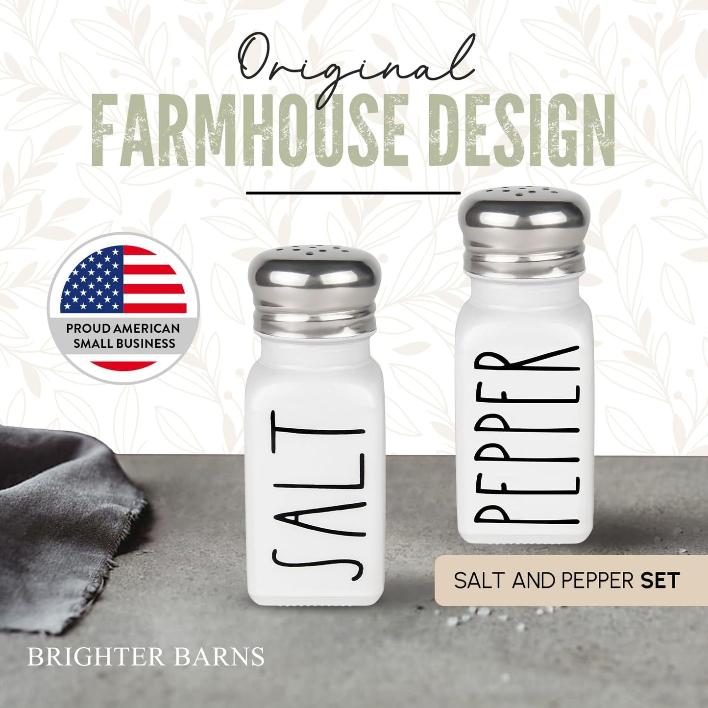 White Salt and Pepper Shakers Set by Brighter Barns - Neutral Minimalist Kitchen Decor - Modern Farmhouse Kitchen Decor - Cute Glass Shakers for Home Restaurants Weddings & Stainless Steel Lid (White)