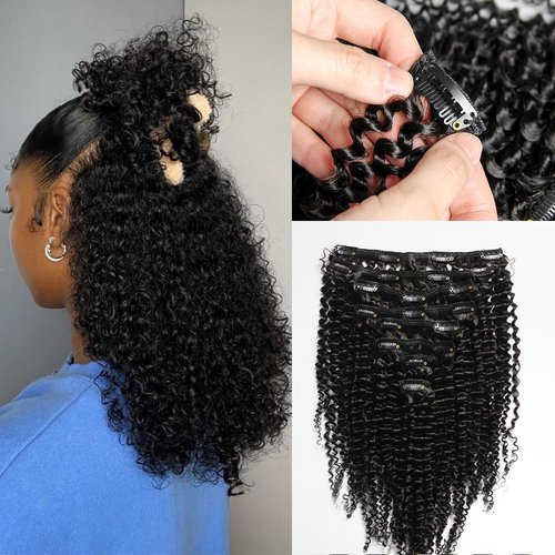 KRN Clip in, 136g 8 pcs Kinky Curly Human Hair Extensions Clip ins for Black Women 12A Natural Black Real Hair Extensions Clips in Human Hair with 20 Clips Easy to Wear 20 Inch