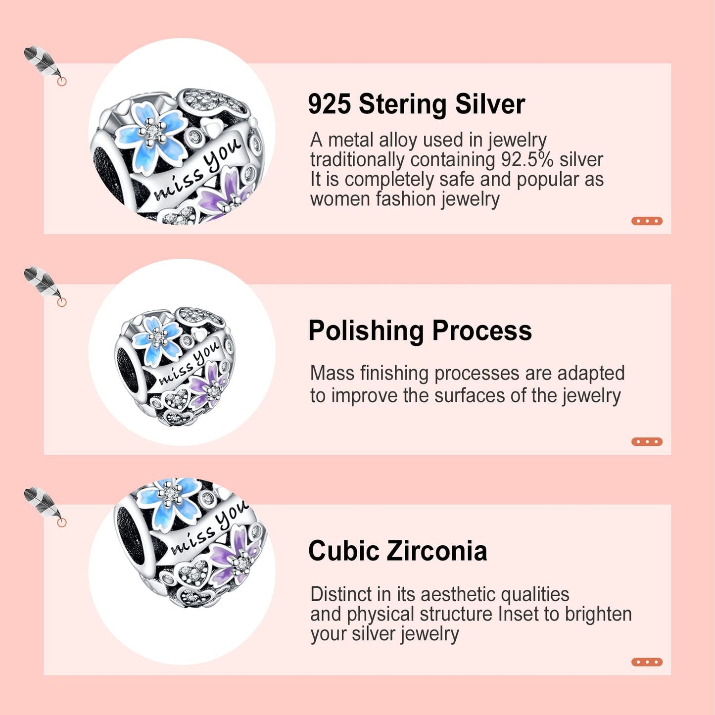 Annmors 925 Sterling Silver Charms fit Bracelets Necklaces Flowers Heart Miss You Beads with 5A Cubic Zirconia Christmas Valenti