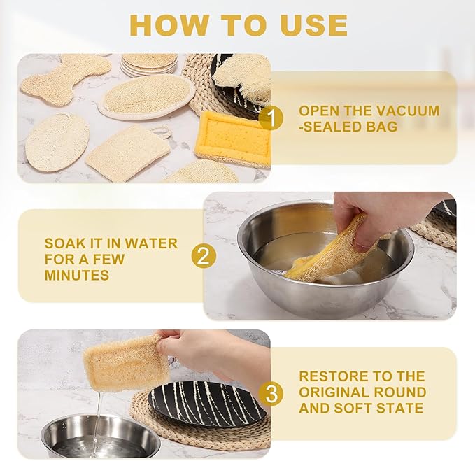 uxcell 6 Pcs Natural Loofah Kitchen Sponge, 5.3''x3.1'' Loofah Sponge for Dishes Reusable Non-Scratch Loofah Sponges for Kitchen, Bathroom & Household Cleaning, Natural
