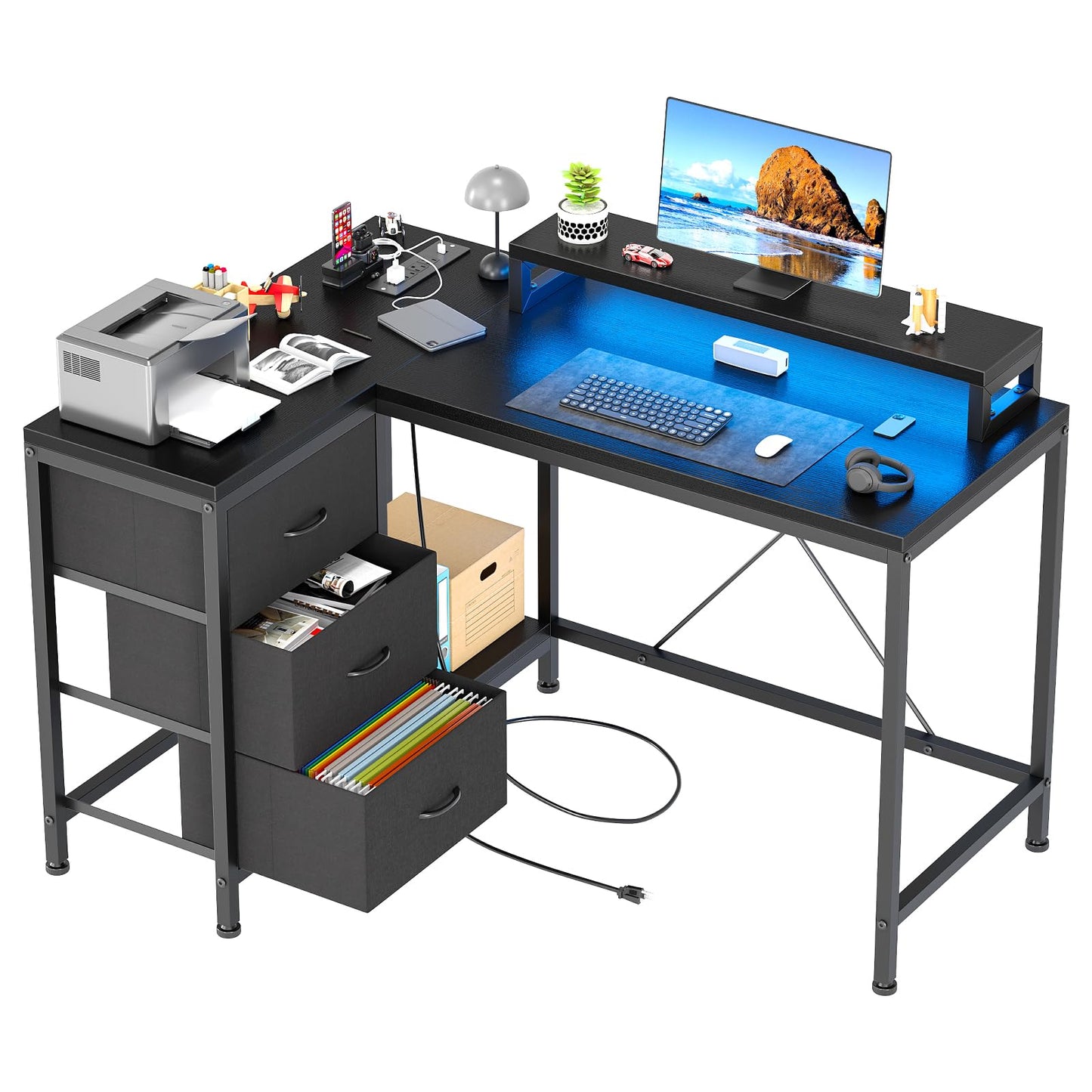 Hetoy L-Shaped Gaming Desk with Power Outlets, Corner Desk with Drawers, Shelves & LED Lights, Computer Desk for Home & Office