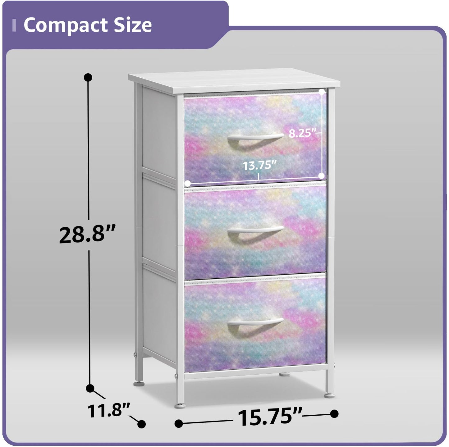 Sorbus Kids Dresser with 3 Drawers - Storage Chest Organizer Nightstand - Steel Frame, Wood Top, Tie-Dye Fabric Bins for Clothes - Wide Furniture for Bedroom, Hallway, Nursery, Closet, & Apartment