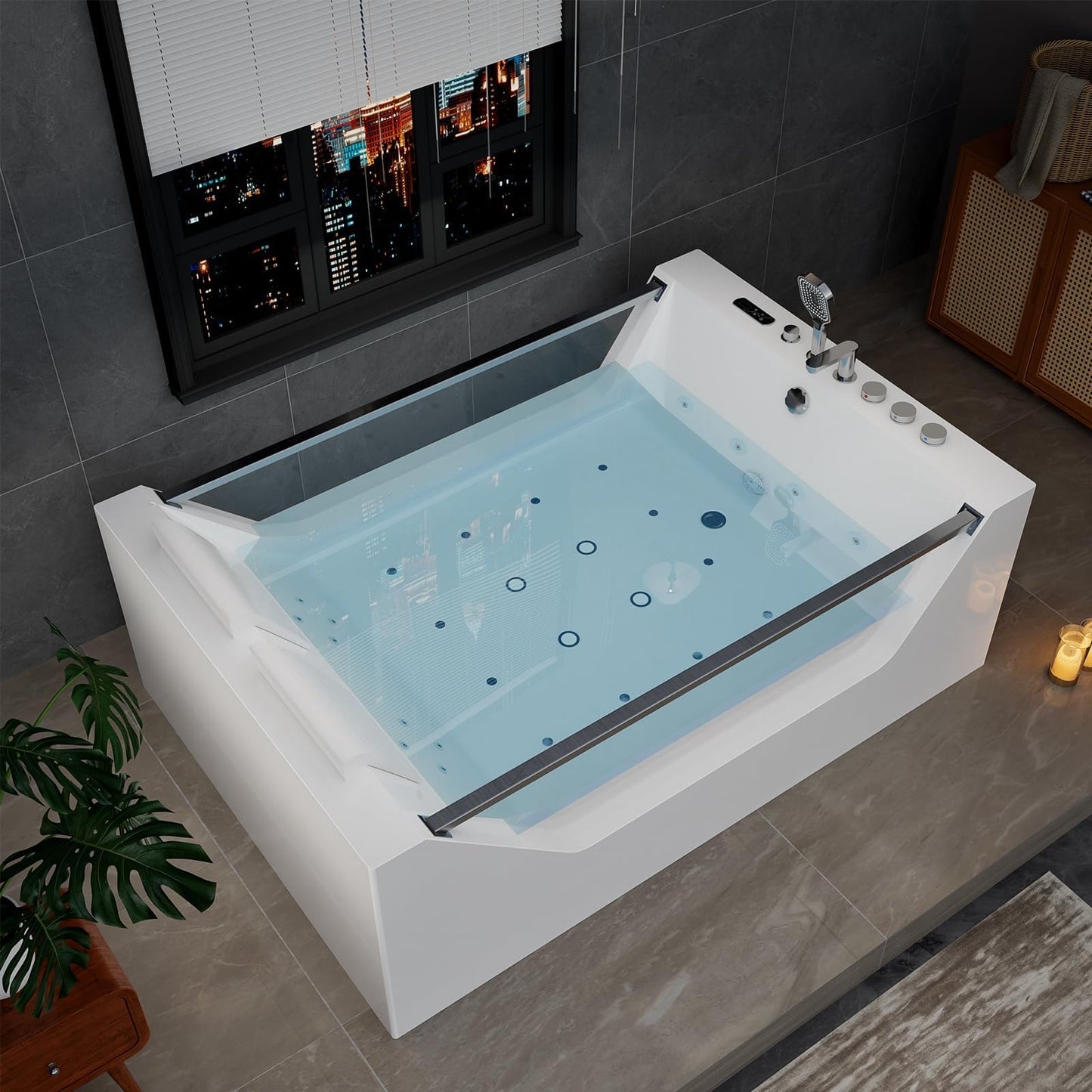 Empava PRO Series Model Jetted Tub, Freestanding Whirlpool Bathtub | 71"x48" Heated Bubble for 2 | Thermostatic Control & Chromotherapy Lighting | White Acrylic (ETL Certified)