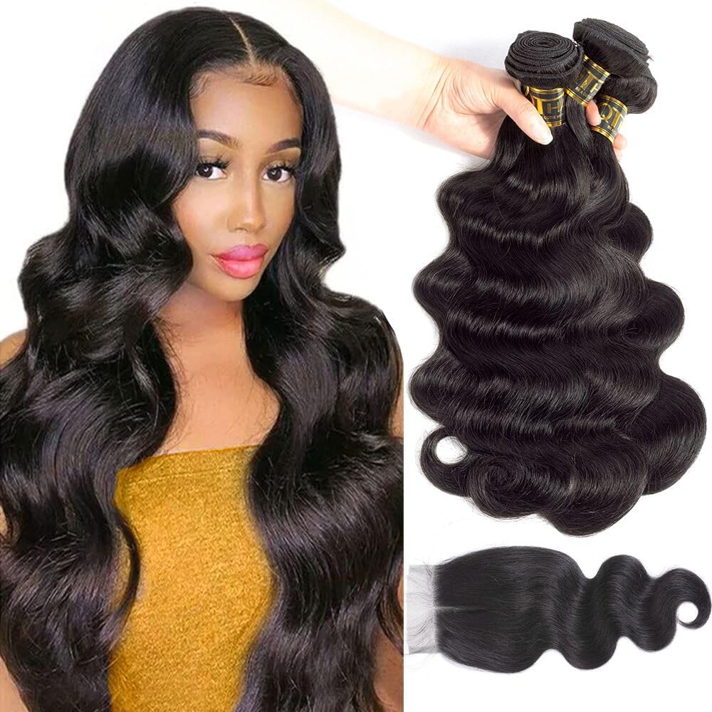 QTHAIR Brazilian 16A Grade Body Wave Bundles with Closure (20 22 22+18inch) 350g 100% Unprocessed Virgin Human Hair Extensions B