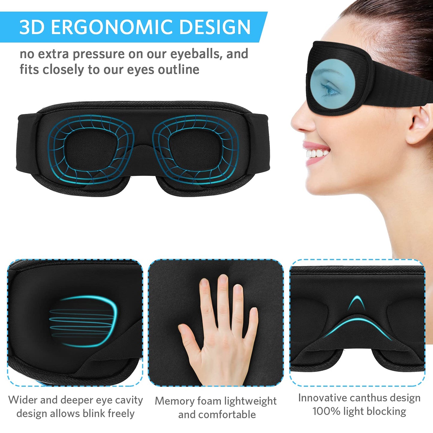 RIWISLL Sleep Mask, Super Soft 3D Contoured Cup Sleeping Mask, Upgraded 100% Blockout Light Sleep Masks for Women Men with Adjustable Strap, Comfortable Concave Molded Eye Covers for Sleeping, Black