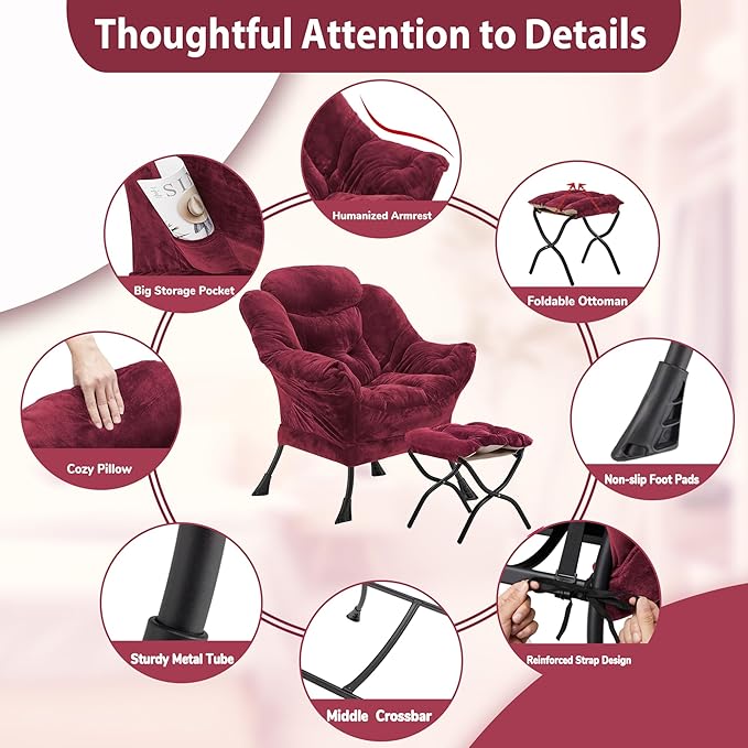 Youtanic Lazy Chair with Folding Ottoman, Accent Chair Plush Upholstered with Metal Structure and Non-Slip Pads, Sofa Armchair with Footrest and Side Storage Bag for Dorm, Room, Office, Rose Red