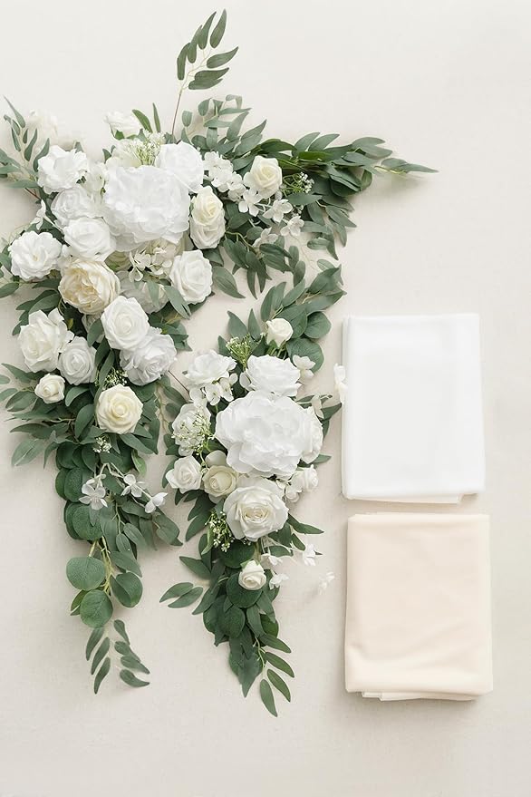 Ling's moment Artificial Wedding Arch Flowers Kit Pack of 4, 2pcs Hanging Silk Flowers Arrangement 2pcs Chiffon Drapes Ceremony Spring Fake Rose Arbor Backdrop White Sage Floral Party Outdoor Decor