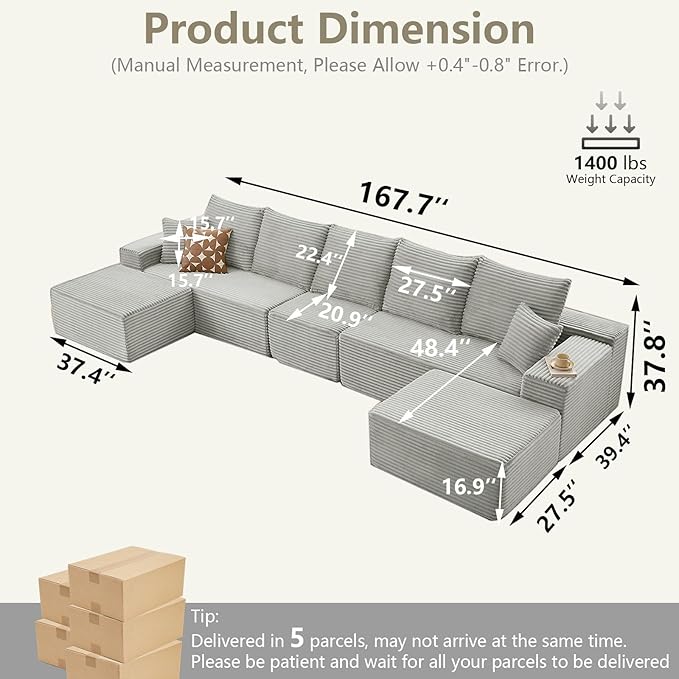 167.7" Sectional Cloud Couch for Living Room, Modular Floor Deep-Seat Sofa, Big Comfy Corduroy Couches Set with Fluffy Memory Foam, Stupendous U Shaped Sofas, No Assembly Required, Grey