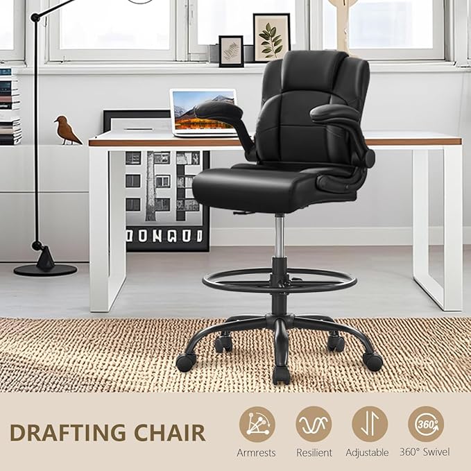 500 lbs Drafting Chair Tall Office Chair with Flip-up Armrests for Standing Desk Executive Ergonomic Computer Leather Desk Chair with Lumbar Support, Adjustable Foot Ring for Home or Drawing Use