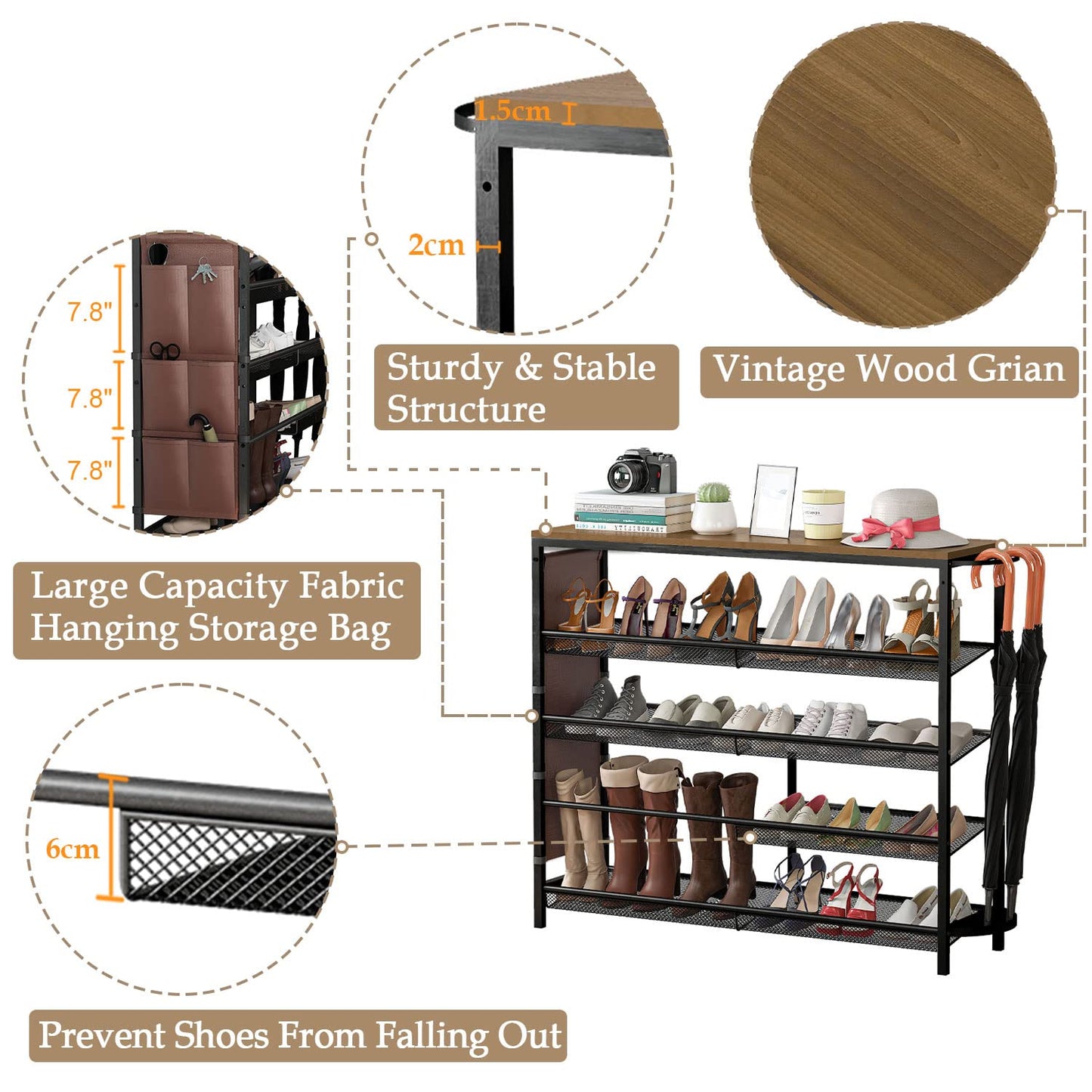 Bonzy Home 5-Tier Shoe Rack for Entryway, Shoe Shelves for 21 Pairs, Flat & Slant Adjustable Shoe Storage Organizer for Entryway with Wood Top, Side Pockets, Umbrella Holder, Metal Mesh