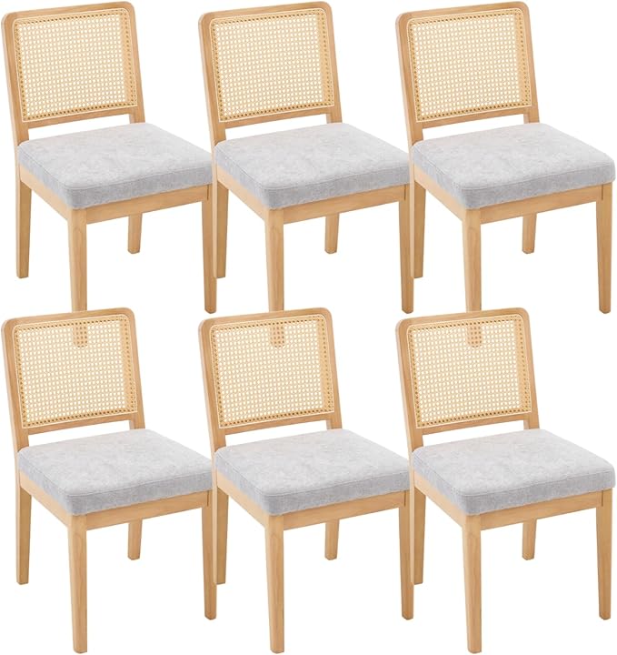 LukeAlon Set of 2 Dining Chairs Mid Century Modern with Woven Cane Back, Soft Chenille Upholstered Seat, Solid Wood Legs for Kitchen, Dining Room, Breakfast Nook, Farmhouse Style, Grey