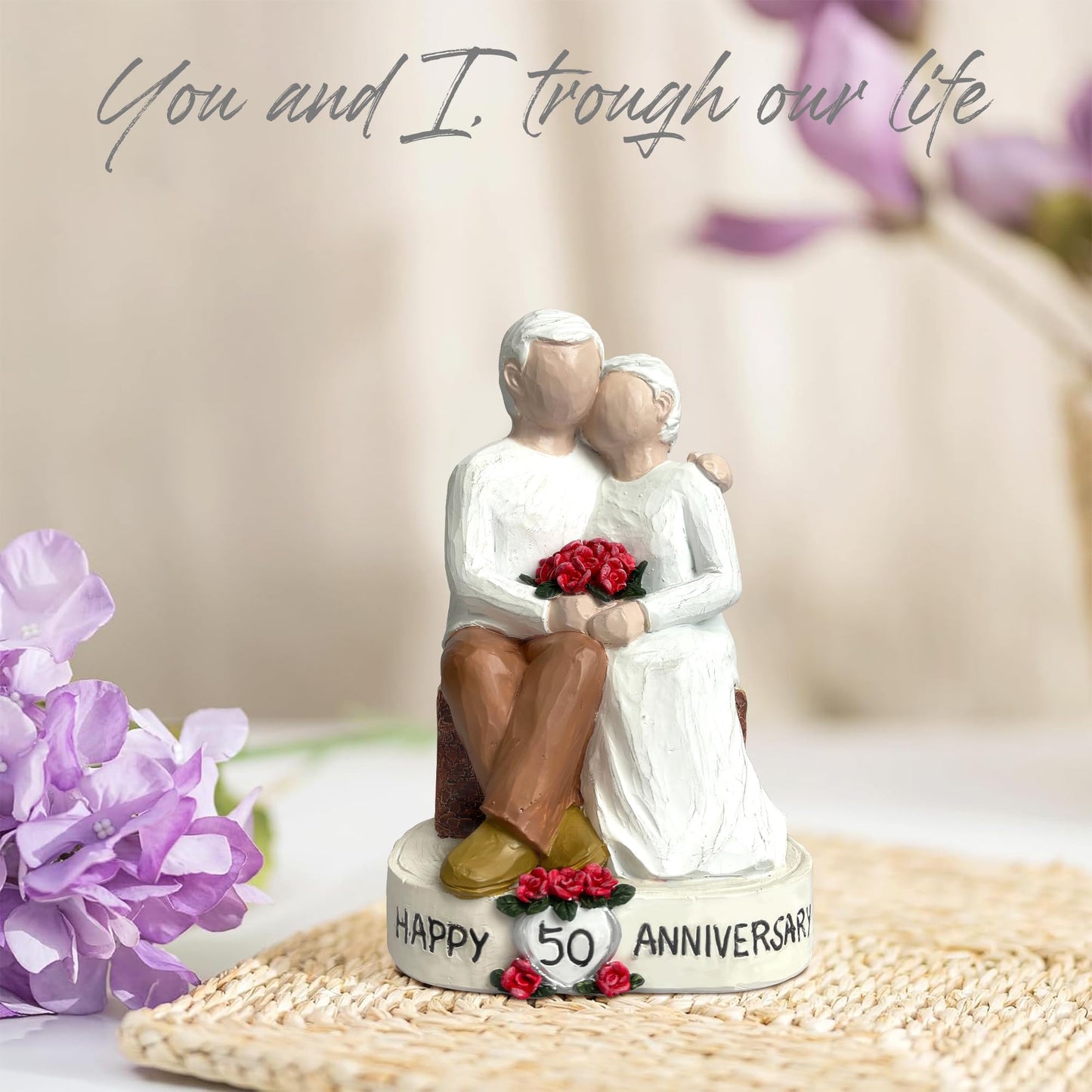 Bozspacer 50th Wedding Anniversary Couple Gifts - Loving Elderly Couple Figurines, Hand-Painted Resin Statue for Parents, Grandparents, Old Couple or 50th Marriage Anniversary, 5.9 Inch Tabletop Decor