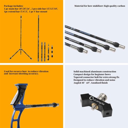 Perogen Archery Bow Stabilizer Set 4/5/10/12/28/30 inch 3K Carbon Fiber Bow Stabilizer Extension Pole with Stabilizer Rubber and Weights for Recurve Bow and Compound Bow